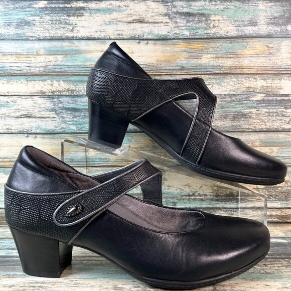 Earth Mary Jane Pumps Womens Sz 8.5W Black Leather Dress Heels Shoes Adjustable - Picture 1 of 12